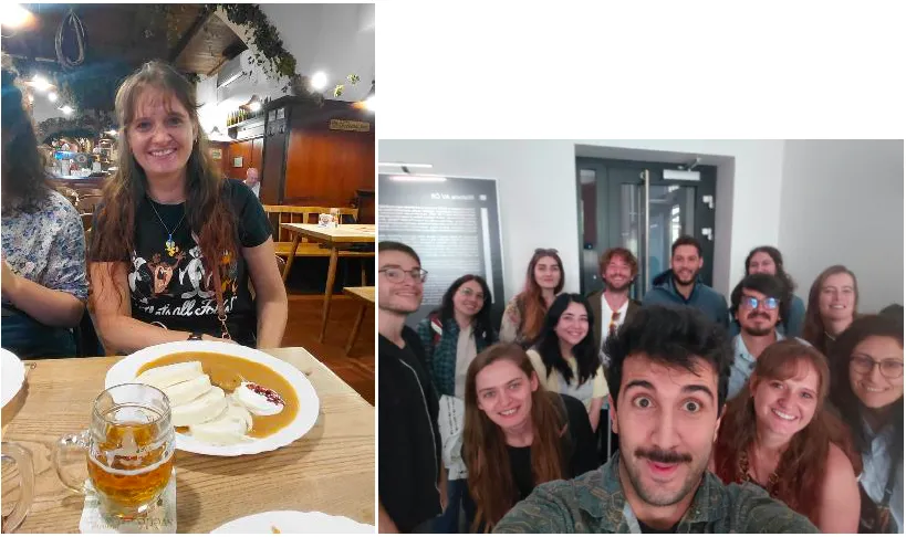 Author trying check cuisine in the first picture with colleagues and the summer school participants selfie on the right